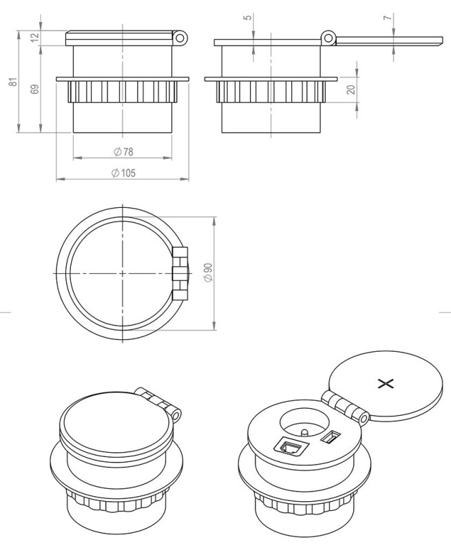 Elektrická zásuvka 1x 230V - 1xUSB A+C - 1 x 5W bezdrátová nabíječka